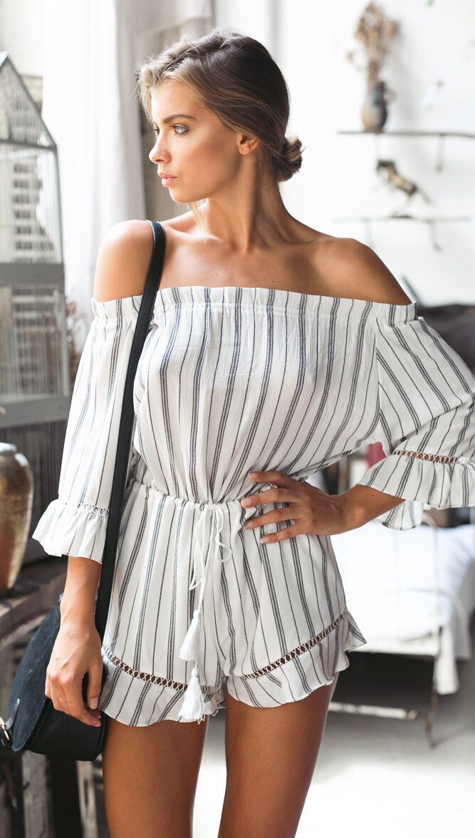 F2479 Ruffled Off-The-Shoulder Tassel-Tie Waist Romper